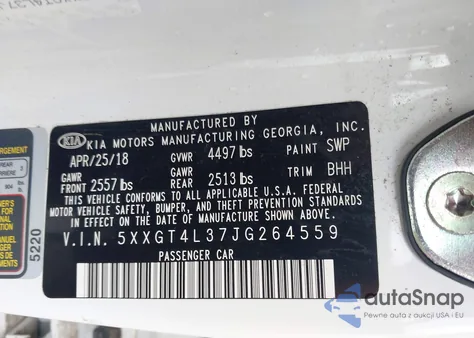 2018 Kia Optima Lx z USA, uszkodzony, nr VIN 5XXGT4L37JG264559